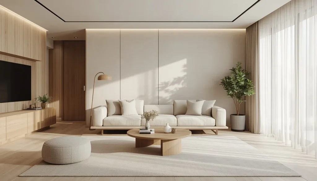 lucid origin Create a photorealistic minimalist luxury living room inspired by Japandi and co 0