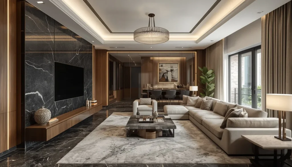 sophisticated luxury living room featuring a floor to ceiling dark marb 0